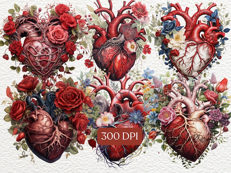 Puede incluir: Cuatro ilustraciones anat&oacute;micas de corazones con detalles intrincados, rodeadas de flores rojas, rosas y azules. Los corazones est&aacute;n representados en un estilo realista con venas y c&aacute;maras visibles. Las flores est&aacute;n representadas en un estilo acuarela, a&ntilde;adiendo un toque de fantas&iacute;a a la imagen anat&oacute;mica.