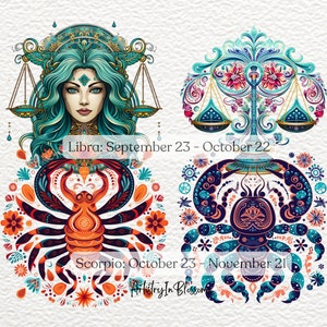 May include: A colorful illustration of the zodiac signs Libra and Scorpio. Libra is represented by a woman with teal hair and a scale, while Scorpio is represented by a scorpion with orange and red accents. The background is a white canvas with floral patterns.