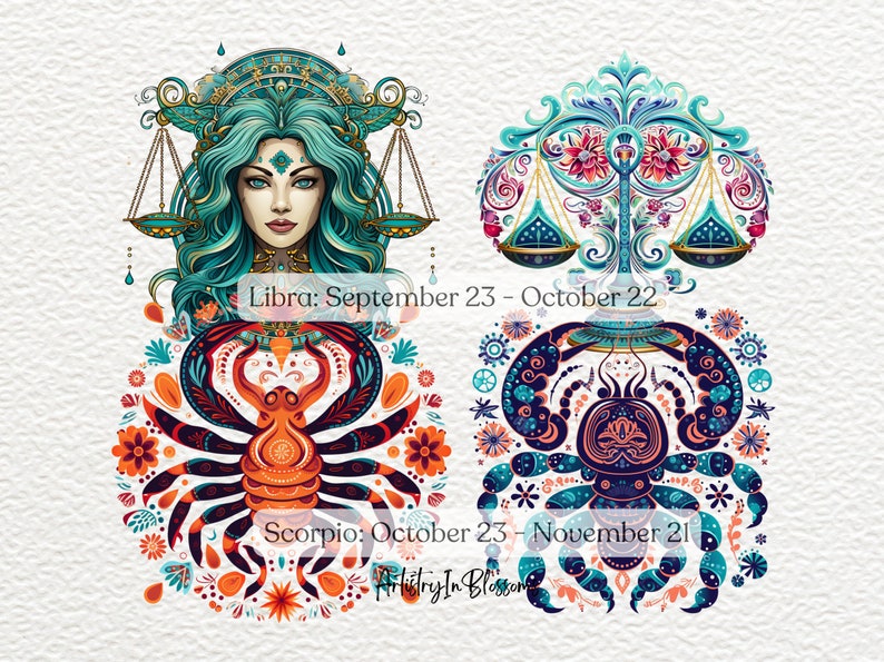 May include: A colorful illustration of the zodiac signs Libra and Scorpio. Libra is represented by a woman with teal hair and a scale, while Scorpio is represented by a scorpion with orange and red accents. The background is a white canvas with floral patterns.