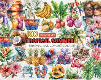 Aquarell Tropischer Sommer Clipart, Bunte Strand Kunst, Tropischer Sommer Aquarell Clipart, Lebendige Strand Illustrationen, Tropische Früchte
