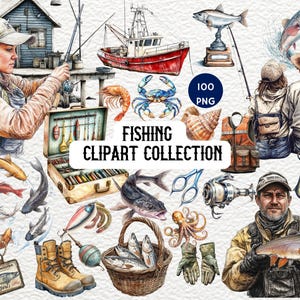 May include: A watercolor clipart collection of 100 fishing themed illustrations. The collection includes a fishing boat, fish, fishing rods, tackle boxes, lures, and more. The illustrations are perfect for creating digital or printed projects.