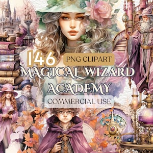 Peut inclure: Un ensemble de 146 images numériques clipart sur le thème d'une académie de magie. Les images comprennent un château, un magicien, une sorcière, un élève, des livres, des potions et d'autres éléments magiques. Les images sont dans un style aquarelle et sont parfaites pour créer des projets magiques.