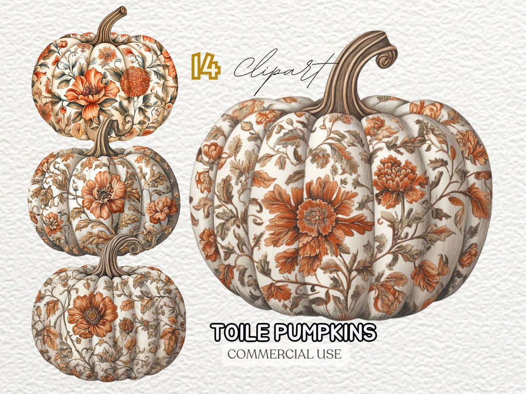 Watercolor Toile Pumpkins Clipart, Toile Pumpkin Clipart Pack, Damask ...