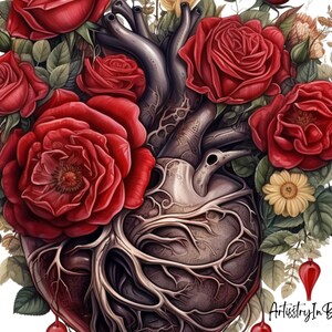 Puede incluir: Un coraz&oacute;n humano con intrincadas venas y arterias est&aacute; rodeado de un ramo de rosas rojas y otras flores. El coraz&oacute;n es un s&iacute;mbolo de amor y pasi&oacute;n, y las rosas representan la belleza y el romance. La imagen es una representaci&oacute;n hermosa y evocadora del coraz&oacute;n humano.
