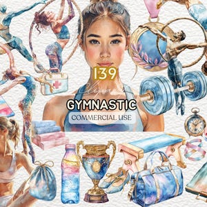 以下が含まれることがあります： 体操の器具の水彩画イラスト。バーベル、トロフィー、ウェイトベンチ、バッグ、ダンベルのペアなどがあります。イラストは青、ピンク、金の色合いです。画像には「139 Clipart Gymnastic Commercial Use」というテキストが表示されています。