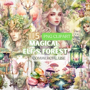 Magical Elf&#39;s Forest Clipart, Watercolor Elf Clipart, Watercolor Elf, Elf Png, Christmas Elves Clipart Bundle, Elf&#39;s Clipart, Elf Clip Art