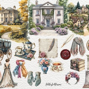 May include: A watercolor illustration featuring a collection of vintage elements, including a carriage, a teapot, a letter with a quill pen, a shawl, a floral embroidery hoop, a fireplace, and two women in dresses. The illustration is set against a backdrop of a charming English countryside.