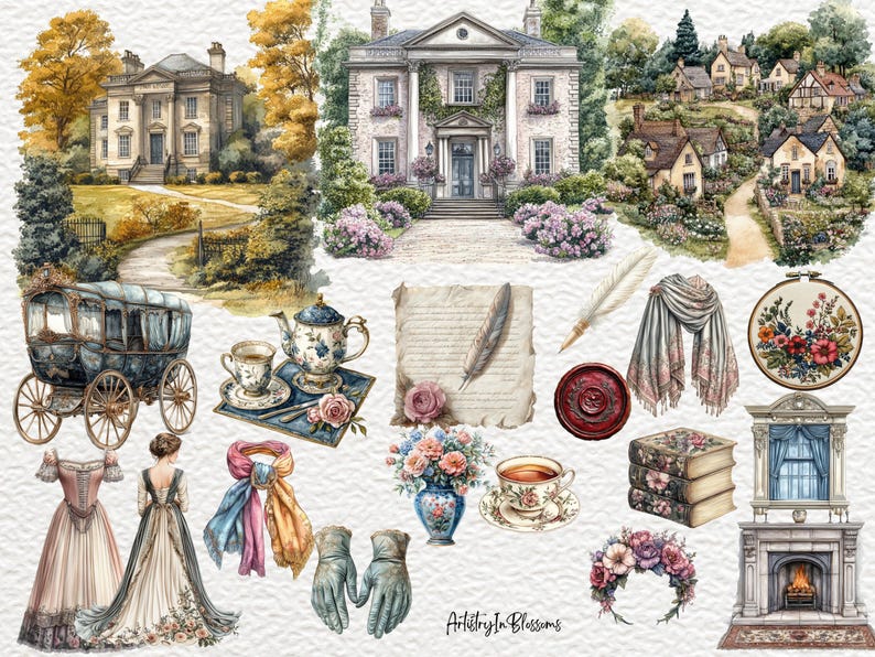 May include: A watercolor illustration featuring a collection of vintage elements, including a carriage, a teapot, a letter with a quill pen, a shawl, a floral embroidery hoop, a fireplace, and two women in dresses. The illustration is set against a backdrop of a charming English countryside.