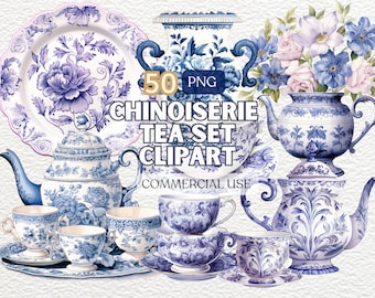 Clipart de aquarela Chinoiserie, clipart de conjunto de chá em aquarela de Chinoiserie, clipart de convites para festa de chá, presente exclusivo para amantes de chá, amante de chá