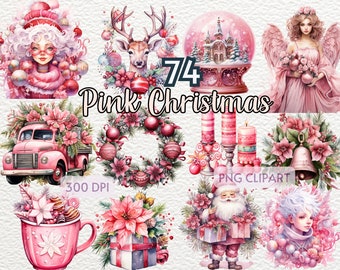 Pink Christmas Clipart Bundle | Pink Holiday |  Xmas Clipart | Pink Tis The Season Christmas Png Clipart | Christmas Clipart | 74 Pink Png