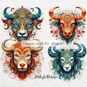 May include: Four colorful illustrations of a bull's head, each with a different design and color scheme. The text "Taurus: April 20 - May 20" is below the top two illustrations, and the text "Artistry In Blossoms" is below the bottom two illustrations.