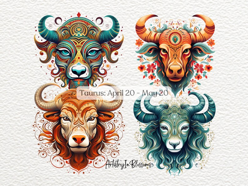 May include: Four colorful illustrations of a bull's head, each with a different design and color scheme. The text "Taurus: April 20 - May 20" is below the top two illustrations, and the text "Artistry In Blossoms" is below the bottom two illustrations.