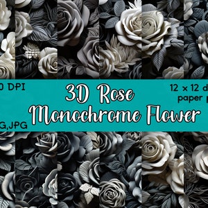 May include: A digital paper pack of 12 monochrome 3D rose flower designs. Each design is 12 inches by 12 inches and 300 DPI. The images are in PNG and JPG format.