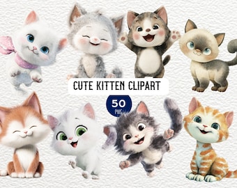 Cute Kitten Clipart Bundle, Watercolor Cat Graphics, Pet Lover Digital Download, Instant Cat Art, Adorable Kitten Clip Art Set, Cat Lover