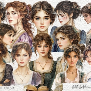 Watercolor Pride and Prejudice Clipart Set | Watercolor Jane Austen Art | Regency Era Digital Graphics | Regency Wedding Invitations image 2