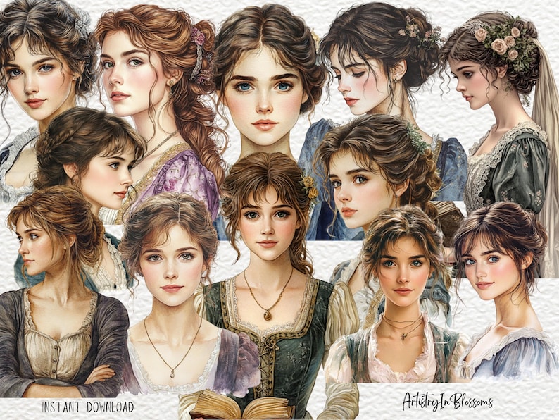 Watercolor Pride and Prejudice Clipart Set | Watercolor Jane Austen Art | Regency Era Digital Graphics | Regency Wedding Invitations image 2