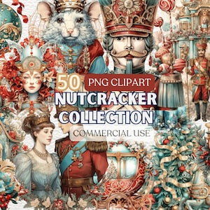 May include: A collection of 50 Nutcracker themed PNG clipart images for commercial use. The images feature a variety of characters, including a nutcracker soldier, a mouse, a princess, and a Christmas tree. The images are in a vintage style with rich colors and intricate details.