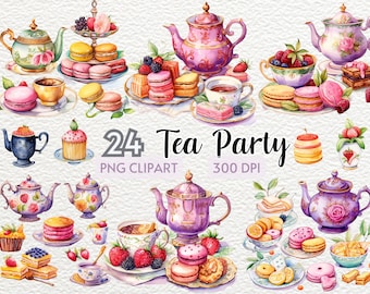 Op de afbeelding: Een aquarel-illustratie van een theepartij met 24 elementen, waaronder theepotten, theekopjes, taarten, macarons en bessen. De illustratie is in vintage stijl en heeft delicate details. De tekst "24+ Tea Party PNG CLIPART 300 DPI" is in de afbeelding opgenomen.