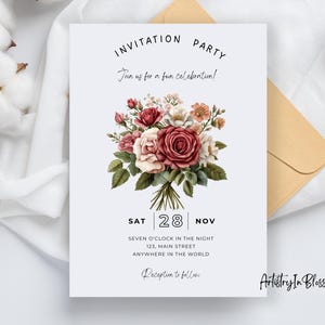 Puede incluir: Invitaci&oacute;n a una fiesta el s&aacute;bado 28 de noviembre a las 7:00 PM. La invitaci&oacute;n presenta un ramo de rosas rosadas y rojas con hojas verdes. El texto dice "Invitation Party Join us for a fun celebration! Sat 28 Nov Seven o'clock in the night 123, Main Street Anywhere in the world Reception to follow Artistry In Blossoms"