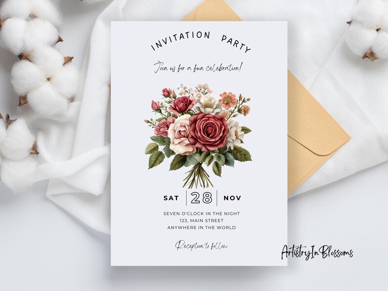 Puede incluir: Invitaci&oacute;n a una fiesta el s&aacute;bado 28 de noviembre a las 7:00 PM. La invitaci&oacute;n presenta un ramo de rosas rosadas y rojas con hojas verdes. El texto dice "Invitation Party Join us for a fun celebration! Sat 28 Nov Seven o'clock in the night 123, Main Street Anywhere in the world Reception to follow Artistry In Blossoms"