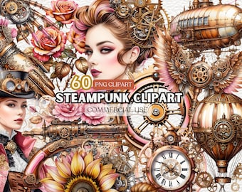 Watercolor Steampunk Clipart, Steampunk Stickers, Vintage Art Collection, Retro Vehicles, Vintage Transport, Steampunk Watercolor Png
