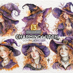 Charming Witch Halloween Clipart | Mystical Clipart | Spooky Download |  Witch Clip Art Png | Folk Art | Wiccan Clipart | Scary Clipart