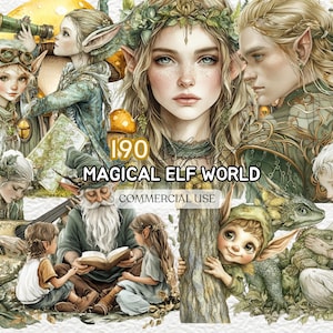 Magic Elf World |  Fairy House Clipart | Elf Village | Fantastic Creatures | Elf Wonderland | Forest Elf Clipart |  Watercolor Elf Clipart