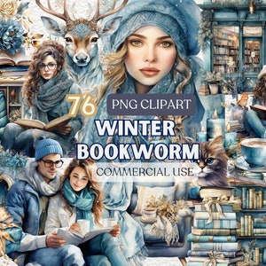 Winter Bücherwurm Aquarell Clipart, gemütliche Clipart, Winter Clipart, Bücherwurm Png, Buchliebhaber ästhetisch, gemütliche Bücherwurm Zeichen, Buch Clipart