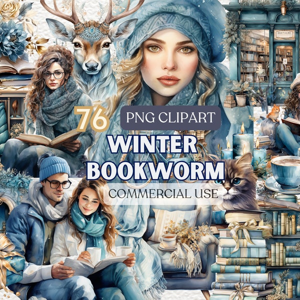 Winter Bookworm Watercolor Clipart, Cozy Clipart, Winter Clipart, Bookworm Png, Book Lover Aesthetic, Cozy Bookworm Characters, Book Clipart