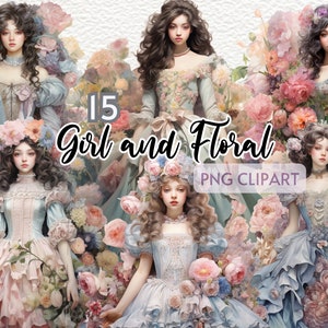 Fille d'honneur vintage Clipart, art aquarelle fille, fille d'honneur, fille et png floral, jeune femme clipart, clipart jeune fille, floral