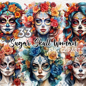 Sugar Skull Woman Watercolor Clipart, Sugar Skull Lady Clipart Set, Day of the Dead Clipart, Dia de los Muertos Clipart,