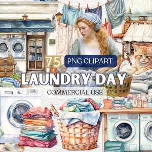 Watercolor Laundry Day Clipart, Housework Clipart, Laundry Png, Cleaning Clipart, Laundry Clip Art, Washing Machine Clipart, Classic, Modern