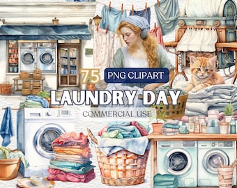 Watercolor Laundry Day Clipart, Housework Clipart, Laundry Png, Cleaning Clipart, Laundry Clip Art, Washing Machine Clipart, Classic, Modern