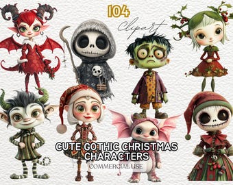Schattig gotisch kerstkarakter, voor gotische minnaar, Goth Doll kerst clipart gotische png-bestanden, Christmas Clip Art, Nightmare Christmas