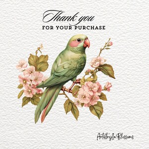 Puede incluir: Gracias por su compra. Un periquito verde y rosa se posa en una rama de un &aacute;rbol floreciente con flores rosas. El texto "Artistry In Blossoms" est&aacute; en la parte inferior de la imagen.