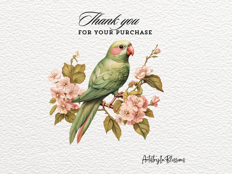 Puede incluir: Gracias por su compra. Un periquito verde y rosa se posa en una rama de un &aacute;rbol floreciente con flores rosas. El texto "Artistry In Blossoms" est&aacute; en la parte inferior de la imagen.