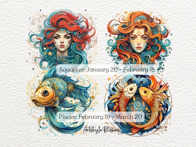 May include: A digital illustration of the astrological signs Aquarius and Pisces. Aquarius is represented by a woman with blue and red hair and a fish. Pisces is represented by two fish swimming in a circle. The text "Aquarius: January 20 - February 18" and "Pisces: February 19 - March 20" is included in the image. The image is titled "Artistry In Blossoms".