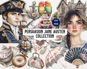 Persuasion Jane Austen Clipart, Regency Romance Digital Art, Classic Literature Watercolor PNG, Regency Couple, Bath England Scene, Love art