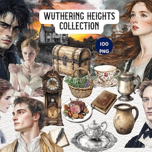 Puede incluir: Una colección de 100 ilustraciones digitales inspiradas en la novela Cumbres Borrascosas. Las ilustraciones presentan personajes del libro, incluyendo a Heathcliff, Catherine Earnshaw y Edgar Linton, así como varios objetos y escenas de la historia. Las ilustraciones están en un estilo romántico y gótico, con un enfoque en el detalle y la atmósfera.