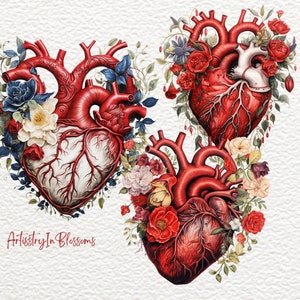 Puede incluir: Tres corazones anat&oacute;micos rodeados de flores rojas, blancas y azules. Los corazones est&aacute;n detallados con venas y arterias. El texto "Artistry In Blossoms" est&aacute; en la parte inferior de la imagen.