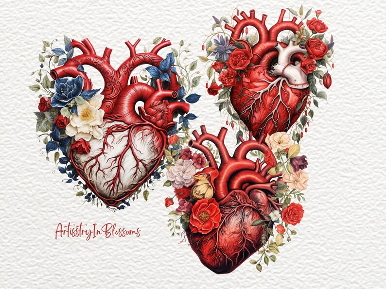 Puede incluir: Tres corazones anat&oacute;micos rodeados de flores rojas, blancas y azules. Los corazones est&aacute;n detallados con venas y arterias. El texto "Artistry In Blossoms" est&aacute; en la parte inferior de la imagen.