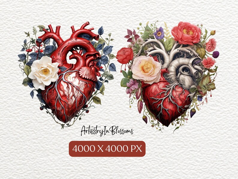 Puede incluir: Dos corazones anat&oacute;micos rodeados de flores rojas, blancas y rosas. Los corazones est&aacute;n detallados con venas y arterias. Las flores est&aacute;n dispuestas en un patr&oacute;n circular alrededor de los corazones. El fondo es una superficie blanca texturizada. El texto "Artistry In Blossoms" y "4000 X 4000 PX" est&aacute; en la parte inferior de la imagen.