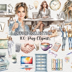 Aquarel kantoor clipart, kantoor aquarel clipart, stijlvol aquarel kantoor, modern aquarel kantoor, chic kantoor, kantoorillustratie