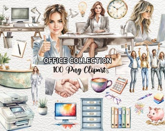 Watercolor Office Clipart, Office Watercolor Clipart, Stylish Watercolor Office, Modern Watercolor Office, Chic Office, Office Illustration
