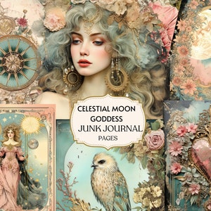 Puede incluir: Un collage de páginas de álbum de recortes digital con un tema de diosa lunar celestial. Las páginas incluyen una brújula, una mujer con una corona de flores, un pájaro, un corazón y una luna con estrellas. El texto "Celestial Moon Goddess Junk Journal Pages" está incluido.