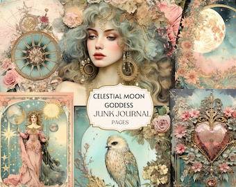 Pagina del diario "Dea della Luna Celeste", diario della stregoneria, effimeri vintage, carta digitale celeste, album di ritagli, effimeri del diario