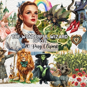 Könnte beinhalten: Eine Sammlung digitaler Cliparts mit Figuren und Objekten aus dem klassischen Kinderbuch "Der Zauberer von Oz". Die Bilder zeigen Dorothy, den Vogelscheuche, den Blechmann, den Feigen Löwen, die böse Hexe des Westens und den Gelben Ziegelweg.