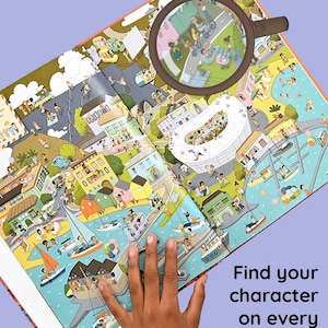 May include: An open book with colorful illustrations of a city and people. A magnifying glass is over the book, highlighting a section of the illustration. The text on the page reads "Find your character on every page".