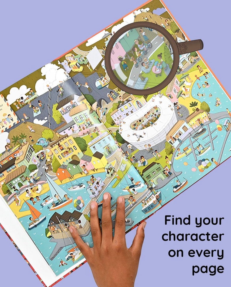 May include: An open book with colorful illustrations of a city and people. A magnifying glass is over the book, highlighting a section of the illustration. The text on the page reads "Find your character on every page".