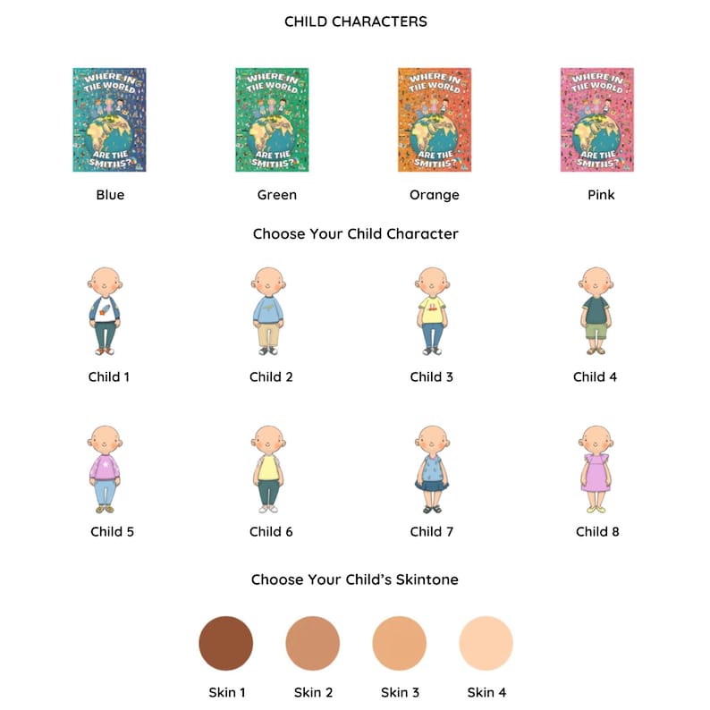 May include: A graphic showing eight different cartoon children with different clothing and hairstyles. Below the children are four different skin tones to choose from.